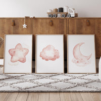 Blush Pink Nursery Prints: Moon, Stars, Cloud Art