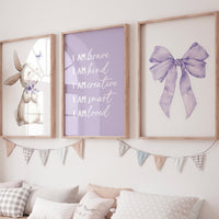 Purple Nursery Wall Art Set of 3, Bunny Print, Purple Bow