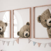 Peek a Boo Bear Nursery Wall Art Set of 3, Neutral Woodland Bear Prints