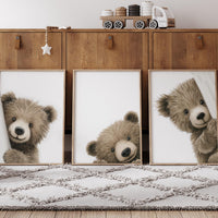 Peek a Boo Bear Nursery Wall Art Set of 3, Neutral Woodland Bear Prints