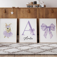 Purple Bunny Ballerina Nursery Wall Art Set, Personalized Name Print