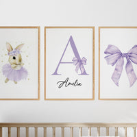 Purple Bunny Ballerina Nursery Wall Art Set, Personalized Name Print