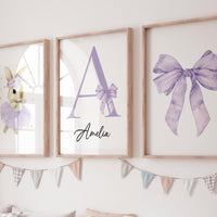 Purple Bunny Ballerina Nursery Wall Art Set, Personalized Name Print