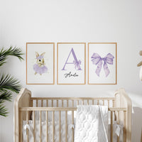 Purple Bunny Ballerina Nursery Wall Art Set, Personalized Name Print
