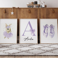 Personalized Purple Nursery Wall Art Set of 3, Ballerina Bunny Print