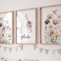 Personalized Hummingbird Nursery Print: Watercolor Floral Name Art