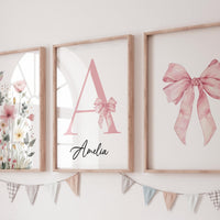 Personalized Girl Nursery Wall Art Set of 3, Floral Hummingbird Print