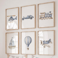 Vehicle Art Prints Set of 6, Transportation Nursery Wall Art