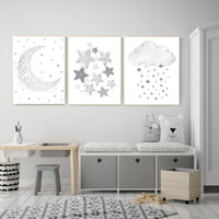 Moon and Stars Nursery Art: Neutral Gray Baby Room Decor