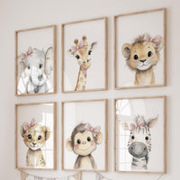 Girl Safari Nursery Wall Art Set of 6, Baby Animal Prints with Pink Bows