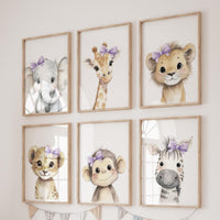 Girl Safari Nursery Wall Art Set of 6, Purple Bow Baby Animal Prints