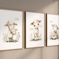 Lamb Nursery Wall Art Set of 3, Baby Sheep Prints, Pink Floral Nursery