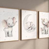 Elephant Nursery Wall Art Set of 3, Baby Elephant Prints, Moon and Stars