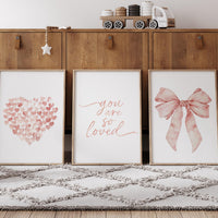 Girl Nursery Watercolor Prints, Peach Heart, Bow, Set of 3