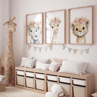 Girl Safari Nursery Wall Art Set of 3, Elephant Giraffe Lion Prints