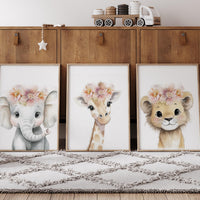 Girl Safari Nursery Wall Art Set of 3, Elephant Giraffe Lion Prints