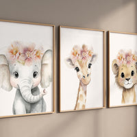 Girl Safari Nursery Wall Art Set of 3, Elephant Giraffe Lion Prints