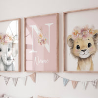 Personalized Safari Nursery Wall Art Set of 3, Elephant and Lion