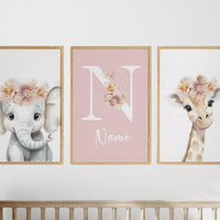 Personalized Safari Nursery Wall Art Set of 3, Elephant and Giraffe Prints