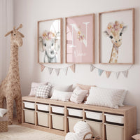 Personalized Safari Nursery Wall Art Set of 3, Elephant and Giraffe Prints