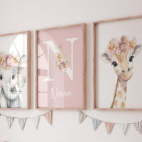 Personalized Safari Nursery Wall Art Set of 3, Elephant and Giraffe Prints