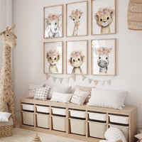 Girl Safari Nursery Wall Art Set of 6, Floral Baby Animal Prints