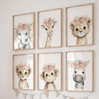 Girl Safari Nursery Wall Art Set of 6, Floral Baby Animal Prints