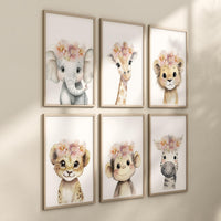 Girl Safari Nursery Wall Art Set of 6, Floral Baby Animal Prints