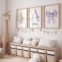 Purple Bunny Ballerina Nursery Wall Art Set, Personalized Name Print