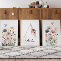 Personalized Hummingbird Nursery Print: Watercolor Floral Name Art