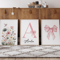 Personalized Girl Nursery Wall Art Set of 3, Floral Hummingbird Print
