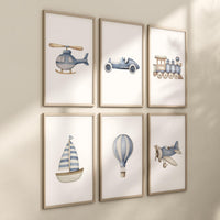 Vehicle Art Prints Set of 6, Transportation Nursery Wall Art