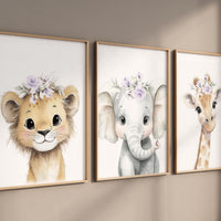 Floral Safari Animal Prints: Purple Nursery Wall Art