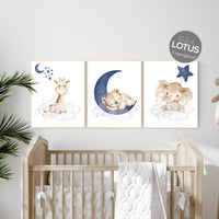 Navy Blue Nursery Prints: Bear, Elephant, Giraffe Animal Art