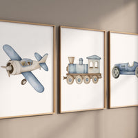 Transportation Nursery Wall Art Set, Plane Train Car Prints, Boy Nursery Decor