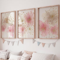 Pink Floral Nursery Wall Art Set, Blush Gold Flower Prints
