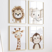 Safari Nursery Prints: Lion, Elephant, Giraffe, Monkey - Jungle Animal Art Set
