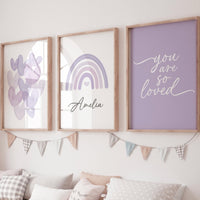 Purple Nursery Wall Art Set, Rainbow Name Print, You Are So Loved Poster