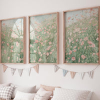 Pink Floral Wall Art Set of 3, Meadow Flower Prints