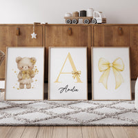 Yellow Bow Nursery Wall Art Set of 3, Teddy Bear Nursery Decor