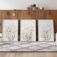 White Wildflower Wall Art Set of 3, Neutral Botanical Prints