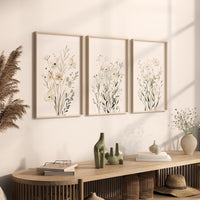 White Wildflower Wall Art Set of 3, Neutral Botanical Prints