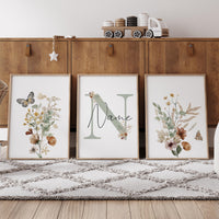 Sage Green Floral Nursery Wall Art Set of 3, Personalized Name Nursery Prints