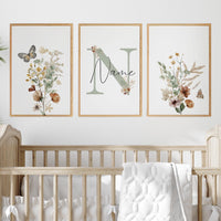 Sage Green Floral Nursery Wall Art Set of 3, Personalized Name Nursery Prints
