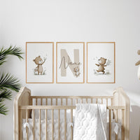 Personalized Bear Nursery Wall Art Set, Neutral Teddy Bear Name Prints
