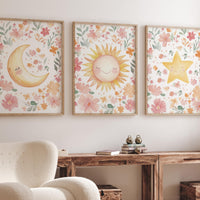 Floral Sun Moon Star Nursery Wall Art Set, Boho Baby Girl Room Decor
