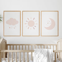 Blush Pink Nursery Prints: Rainbow, Moon, Star Wall Art