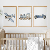 Transportation Nursery Wall Art Set, Plane Train Car Prints, Boy Nursery Decor