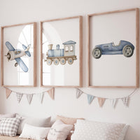 Transportation Nursery Wall Art Set, Plane Train Car Prints, Boy Nursery Decor