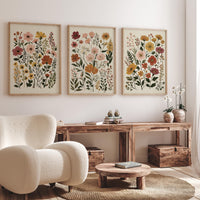 Botanical Flower Wall Art Set of 3, Neutral Floral Prints, Boho Wildflower
